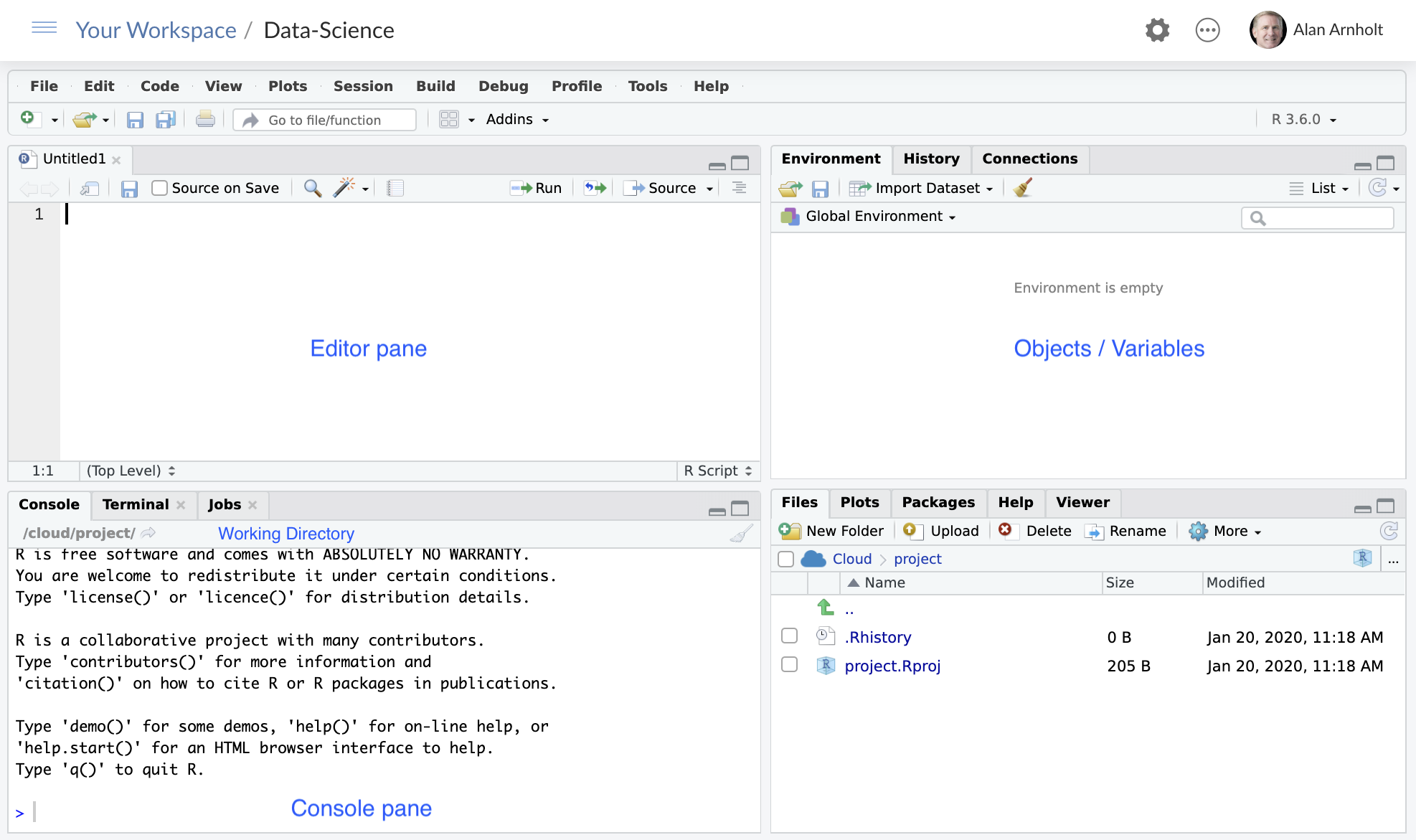RStudio interface screenshot. Clockwise from top left: Source, Environment/History, Files/Plots/Packages/Help/Viewer, Console.